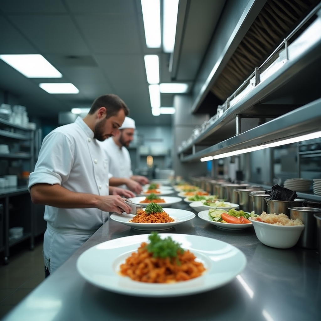Restaurant kitchen with chefs coordinating service, clean prep stations and organized mise en place visible