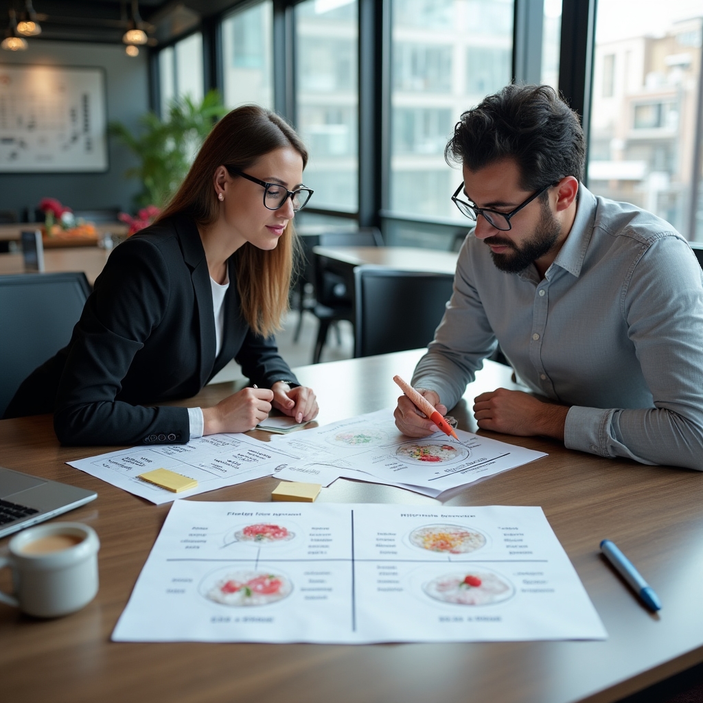 Two consultants reviewing printed menu analysis charts and contribution margin data spread across a conference table