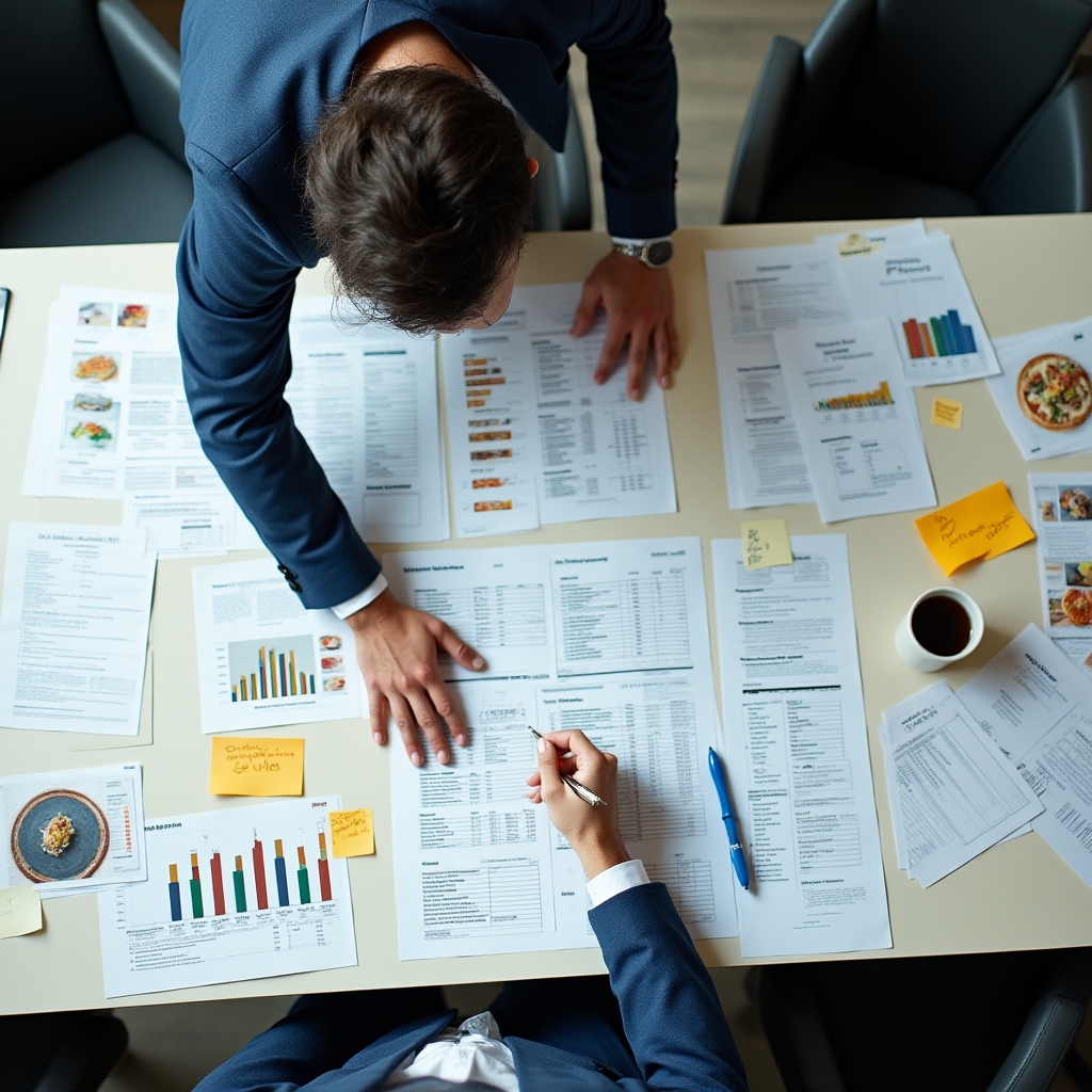 Consultant reviewing restaurant sales data and menu layout on a large table with printed reports