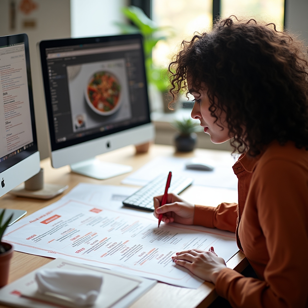 Designer working on restaurant menu layout, arranging typography and visual hierarchy on a large format print