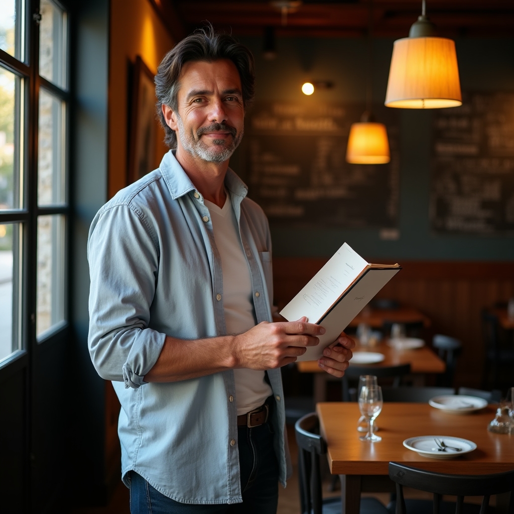 Independent restaurant owner standing in a warm, intimate dining room, reviewing a printed menu with a thoughtful expression
