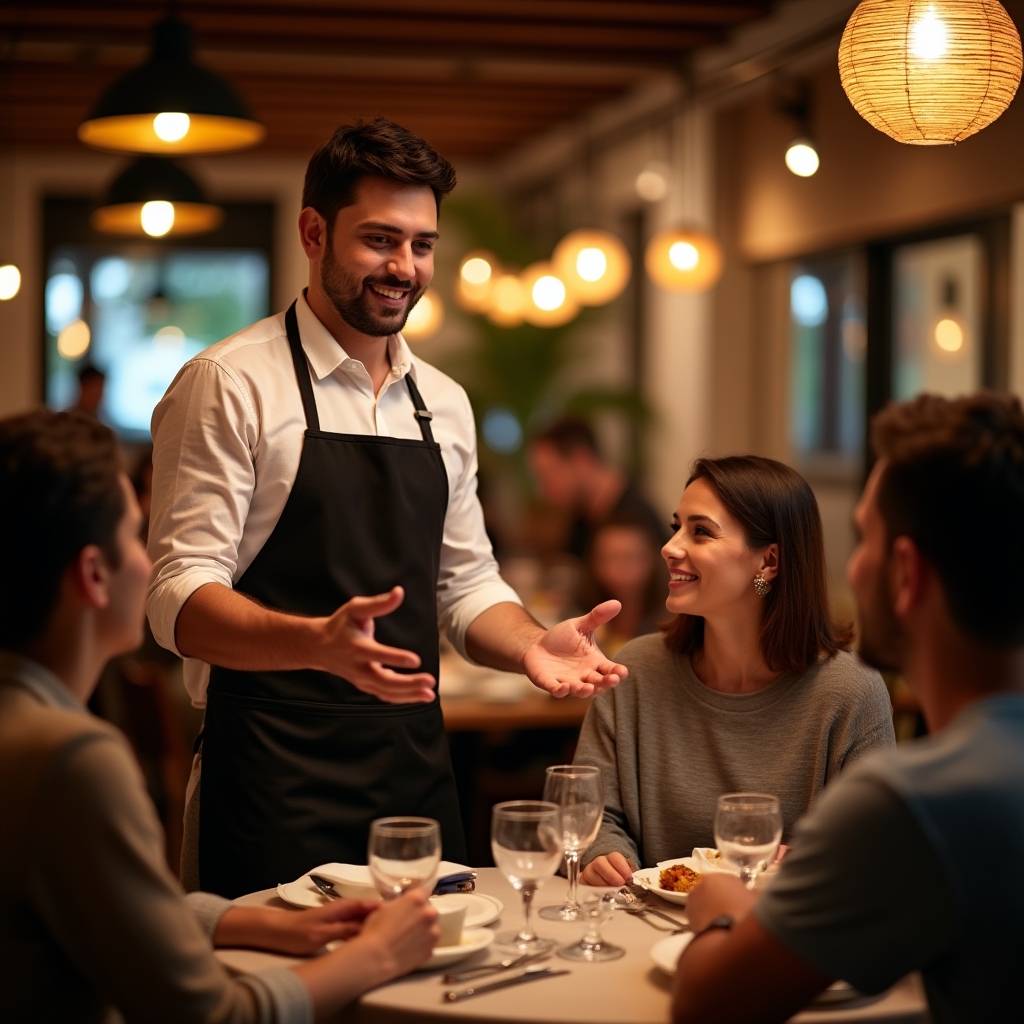 Restaurant server engaging warmly with a table of guests, gesturing toward the menu in a well-lit dining room